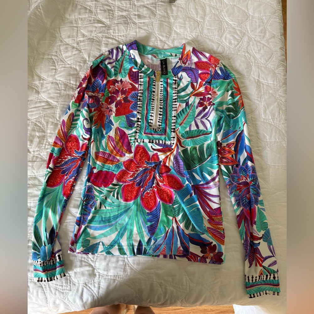 La Blanca Red and Blue Graphic Bib Collar Long-sleeved top for the beach or pool